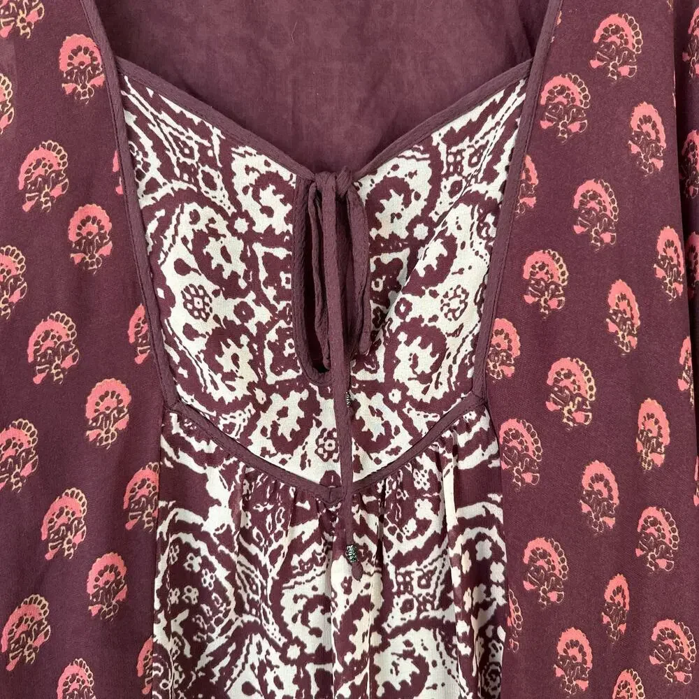 FREE PEOPLE Marla Dreams Dress Wine Red Boho Paisley Pop Flowy Fall Size XS
